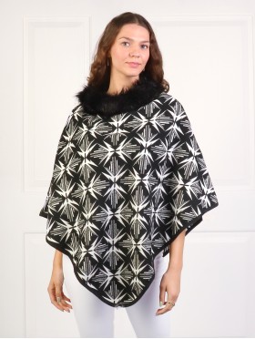 Geometric-Pattern Poncho W/ Fur Collar